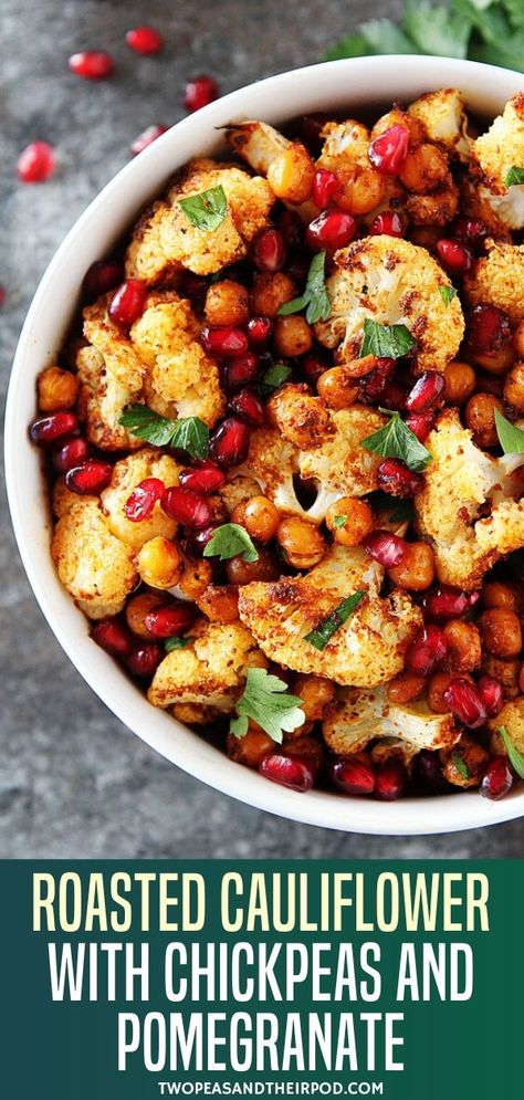 Roasted Cauliflower with Chickpeas and Pomegranate is an easy Thanksgiving side dish recipe! Vegan and gluten-free, you can serve this dish over a bed of greens and turn it into a salad. Chickpeas add protein to this recipe. Bring this to your holiday dinner parties! Thanksgiving Side Dishes Crockpot, Salad Chickpeas, Thanksgiving Recipes Side Dishes Veggies, Thanksgiving Recipes Side Dishes Easy, Easy Roasted Cauliflower, Best Thanksgiving Side Dishes, Thanksgiving Side Dishes Easy, Pomegranate Recipes, Thanksgiving Side Dish