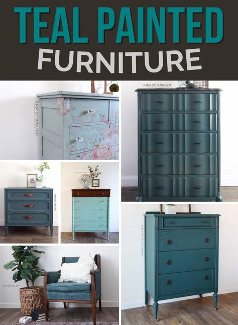 Teal Wood Furniture, Teal Dresser Bedroom, Teal Furniture Ideas, Teal Dressers Painted, Dark Teal Painted Furniture, Teal Refurbished Furniture, Teal Dresser Makeover, Dark Teal Dresser, Teal Furniture Bedroom