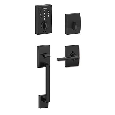 Schlage Touch FE375-CEN-622-LAT Matte Black Keyless Touchscreen Deadbolt with Century trim paired with Century Handleset and Latitude Lever with Century trim Entry Door Handleset Interior Door Hardware, Entry Door Handles, Doors Makeover, Smart Door Locks, Smart Door, Electronic Lock, Modern Door, Smart Lock, Smart Wifi