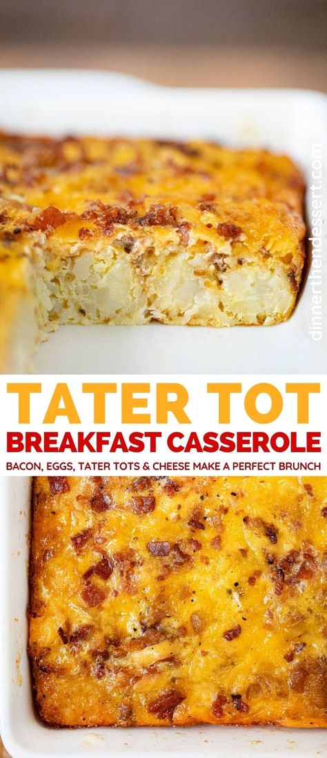 Tater Tot Breakfast Casserole is an easy breakfast recipe for a crowd. #breakfast #breakfastcasserole #tatertots #tatertotcasserole #eggs #eggbake #bacon #tatertothotdish #dinnerthendessert Crowd Breakfast, Loaded Tater Tot, Loaded Tater Tots, Tot Breakfast Casserole, Christmas Breakfast Casserole, Tater Tot Breakfast Casserole, Eggs Dinner, Sausage Dinner, Best Breakfast Casserole