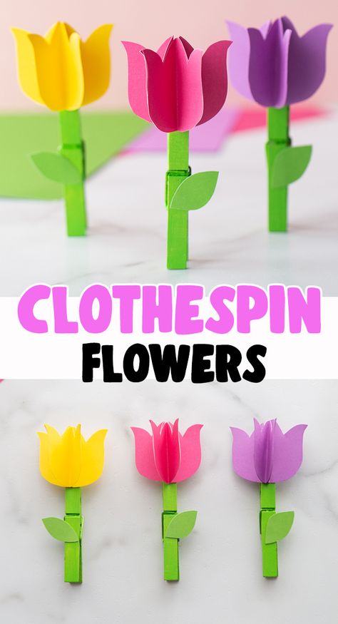 Clothespin Flower Craft 🌷 - such a fun spring craft for kids! Free printable template available on the post. Spring School Party Craft Ideas, Crafts For The Month Of May, Spring Crafts For Elementary Students, May Crafts For Seniors, First Day Of Spring Craft, Spring Activities For Seniors, April Crafts For Seniors, Easy Spring Crafts For Adults Simple, Spring Arts And Crafts For Kids