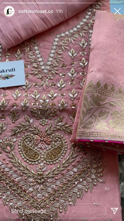 Peta Work Embroidery, Hand Work Embroidery Suits Salwar Kameez, Kora Dabka Work Embroidery, Dhaga Work Design, Dabka Work Embroidery, Hand Work Embroidery Suits, Marori Work, Zardosi Work Blouse, Punjabi Dress Design