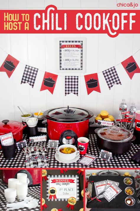 How to host a chili cook-off party including downloadable files for invitations, voting slips, banners, tags, and more! #chiliparty #chilicontest Cook Off Ideas, Chili Cook Off Ideas, Chilli Cookoff, Chili Bar Party, Chili Fest, Wolf Brand Chili, Chili Contest, Chili Party, Chili Pot