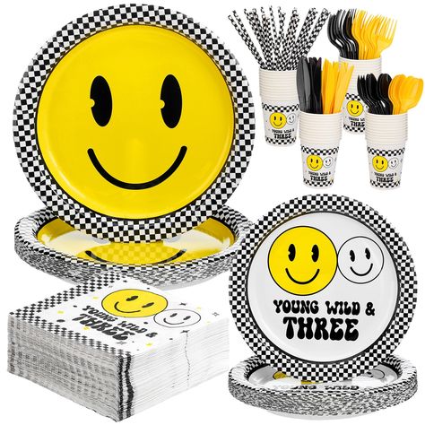 PRICES MAY VARY. Comprehensive Party Favors: our smile face 3rd birthday decorations are an extensive set of 268 pieces of decorative items; The pack incorporates 24 pieces of 9 inch paper plates, 24 pieces of 7 inch paper plates, 24 pieces of cutlery sets inclusive of knives, forks, spoons, 24 pieces of plastic straws, 24 pieces of 9 oz paper cups, and 100 pieces of smile face napkins, adequate to serve 24 guests Appealing Designs: these young wild and three birthday decorations are predominant Young Wild And Three Birthday Decor, Young Wild And Three Birthday Boy, Wild And Three Decorations, Kids Party Plates, Young Wild And Three Birthday, Third Birthday Boys, Three Birthday, Young Wild And Three, Two Cool