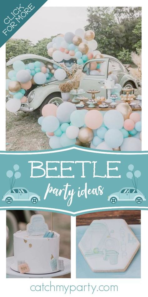 Vw Bug Birthday Party, Beetle Birthday Party, Christening Ideas, Car Themed Parties, Beetle Car, Birthday Themes For Boys, Birthday Party Activities, Vintage Volkswagen, Birthday Party Tables