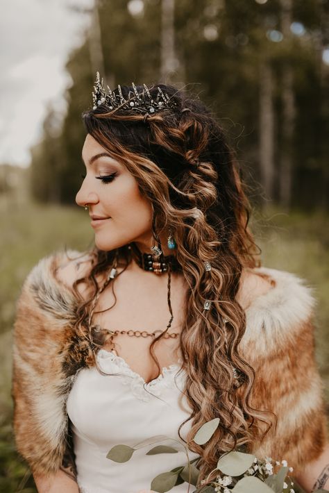 Viking Bride, hair and makeup. Viking Bridal Crown, Traditional Viking Wedding Dress, Viking Bridal Hair With Veil, Bride Hair Viking, Nordic Wedding Hair, Warrior Bride, Viking Bridal Hair With Crown, Celtic Wedding Hair, Viking Themed Wedding Dress