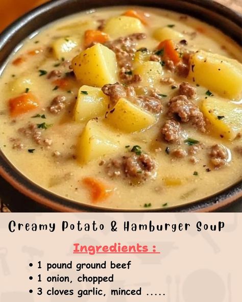 Ingredients: 1 pound ground beef 1 onion, chopped 3 cloves garlic, minced... Hamburger Cabbage Soup Ground Beef, Hamburger Mushroom Soup, Ground Beef And Potato Soup, Ground Beef Potato Soup, Creamy Hamburger Potato Soup, Potato Hamburger Soup, Ground Beef Soup Recipes, Hamburger Soup Recipe, Hamburger Potato Soup