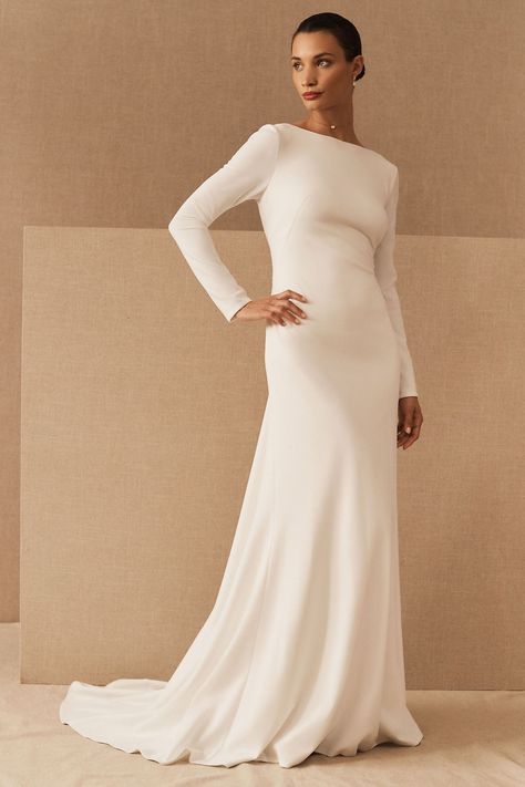 The Best Long Sleeve Wedding Dresses For a Show-Stopping Look Boat Neck Wedding Dress, Hairstyles For Gowns, Minimalist Bride, Neck Wedding Dress, Spring Wedding Dress, Crepe Gown, Boat Neck Dress, Sleeve Wedding Dress, Brides Wedding Dress