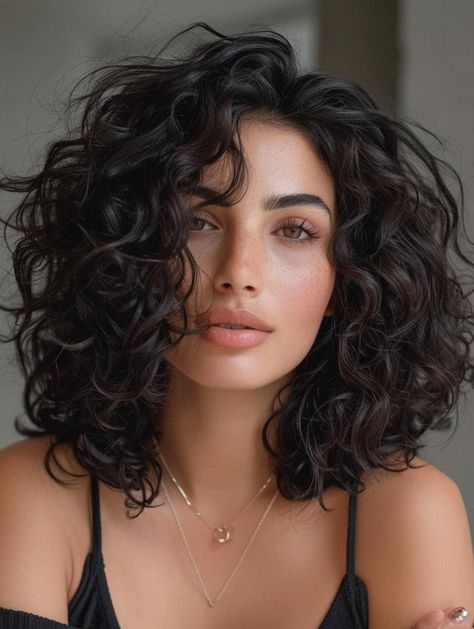 Curly For Short Hair, Curly Medium Hair With Bangs, Layered Curly Hair Medium Length, Natural Curly Hair Short Haircuts, Medium Curly Hair Aesthetic, Curly Lob Hair, Natural Curly Haircuts Medium, 2b Haircuts Medium, Short Brunette Curly Hair