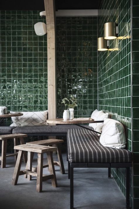 Green Tile Bathroom, Shed Interior, Decoration Restaurant, Splashback Tiles, Cafe Bistro, Tile Trends, Interior Accents, Bar Interior, Restaurant Interior