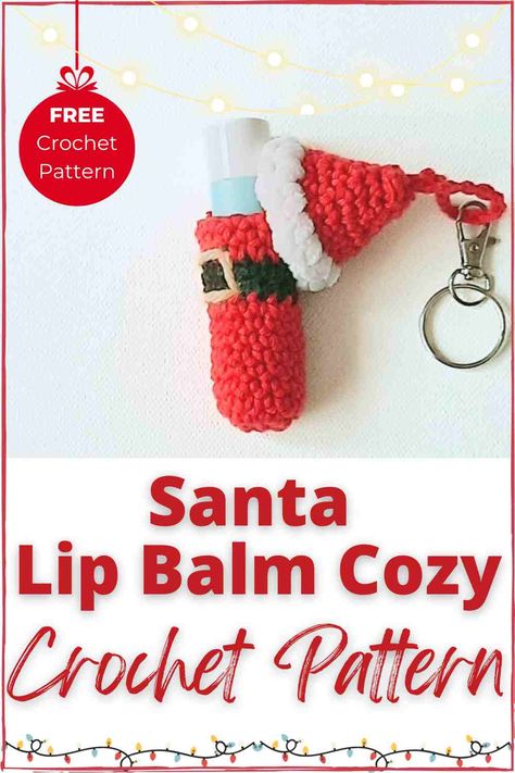 Santa lip balm cozy crochet pattern free Pull Tab Crochet Patterns, Lip Balm Holder Pattern Free, Small Crochet Gifts For Men, Crochet Lip Balm Holder Pattern Free, Crochet Mini Santa Hat Free Pattern, Crochet Stocking Stuffers, Crochet Chapstick Keychain, Crochet Lip Balm Holder Pattern, Crocheted Mushroom Chapstick Holder