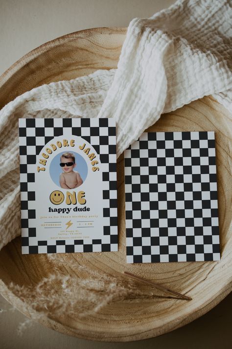 One Happy Dude Pinata, Checkered First Birthday, One Happy Dude Invitation, Baby Boy 1st Birthday Themes, Checkered Smiley Face, Wolf Birthday, Dude Birthday Party, One Happy Dude, Minimalist Birthday