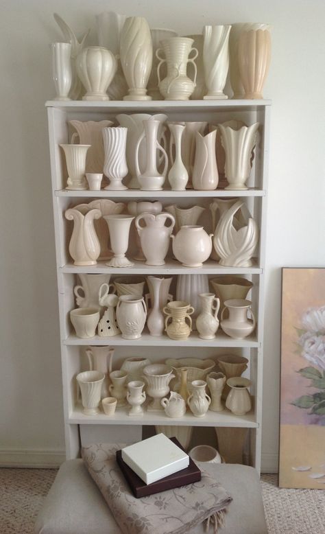 @Susan MacKenzie like your white pottery collection! Fab! Log Planter, Pottery Display, Pottery Collection, Antique Pottery, Hand Thrown Pottery, Mccoy Pottery, White Pottery, Thrown Pottery, Vintage Planters