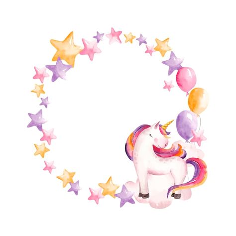 Vector frame unicorn | Premium Vector #Freepik #vector #unicorn-watercolor #unicorn-birthday #unicorn-invitation #kids-invitation Unicorn Circle Frame, Unicorn Frame, Unicorn Watercolor, Kids Invitation, Unicorn Invitation, Bottle Design Packaging, Birthday Unicorn, Vector Frame, Unicorn Art