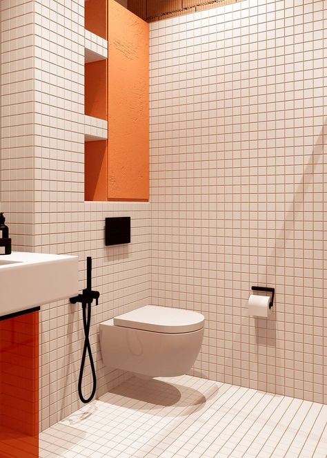 Orange White Bathroom, Orange And White Bathroom, Orange Bathroom Ideas, Home Workspace Ideas, Burnt Orange Bathroom, Apartment Colorful, White Bath Tub, White Lounge Chair, Modern Apartment Interior