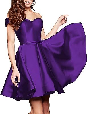 Off Shoulder Satin Dress, Prom Dress Knee Length, Cocktail Party Gowns, Homecoming Dresses For Teens, Purple Homecoming Dress, Short Homecoming Dresses, Dresses With Pockets, Satin Homecoming Dress, Prom Dresses With Pockets