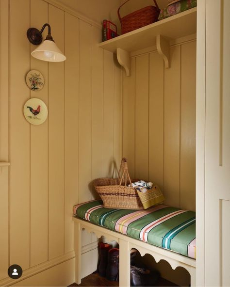 Yellow Mudroom, Brown Interiors, Functional Mudroom, Sarah Brown, Central Table, Solid Oak Table, Hallway Bench, Clutter Free Home, Upholstered Stool