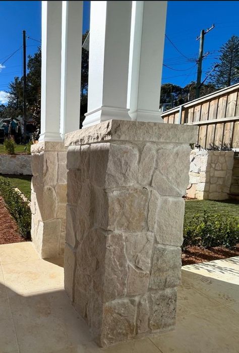 Wood And Stone Columns Porch, Stone Pillars Columns, Exterior Columns, Porch Landscaping, Porch Columns, Stone Pillars, Stone Columns, Front Patio, Stone Wrapping