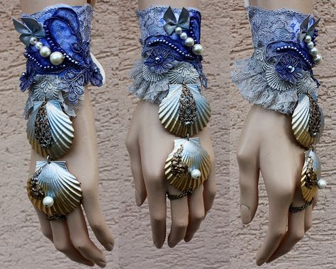 Mermaid cuff by Pinkabsinthe on deviantART Pop Tab Bracelet, Hand Bracelets, Mermaid Ideas, Mermaid Costumes, Mixed Media Necklace, Ren Fair, Mermaid Crown, Mermaid Shell, Magical Things