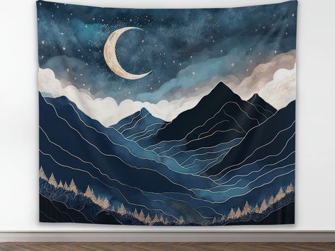 Starry Night With Moon, Boho Mountain, Nordic Wall Decor, Mountain Tapestry, Blue Tapestry, Weaving Loom Projects, Moon Blue, Wall Decor Abstract, Boho Tapestry