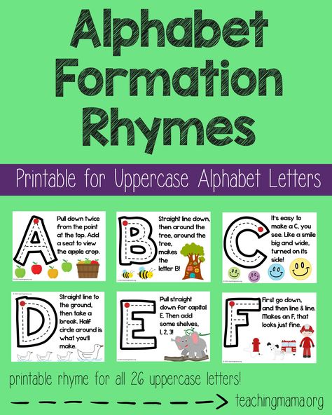 Alphabet Formation Rhymes - Printable rhymes for all 26 uppercase letters! A fun way to teach handwriting and rhyming words! Alphabet Formation Rhymes, Alphabet Formation, Teaching Handwriting, Teaching Mama, Uppercase Alphabet, Preschool Writing, Preschool Literacy, Teaching The Alphabet, Preschool Letters