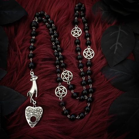 Black Rosary, Pagan Prayer, Ouija Planchette, Pentacles, Victorian Goth, Goth Jewelry, Gothic Necklace, The Rosary, Rosary Beads