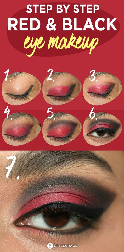 Red And Black Eye Makeup, Black And Red Makeup, Eye Makeup Step By Step, Arabic Eye Makeup, Black Makeup Looks, Red Eyeshadow Look, Red Smokey Eye, Eyeshadow Step By Step, Eye Makeup Cut Crease