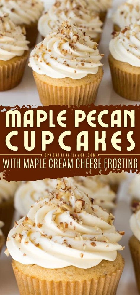 Maple Pecan Cupcakes with Maple Cream Cheese Frosting, fall baking ideas, easy dessert recipes Christmas Cupcake Flavors, Fall Cupcakes Recipes, Pecan Cupcakes, Maple Desserts, Homemade Cupcake Recipes, Maple Cream Cheese Frosting, Specialty Cupcakes, Maple Cream Cheese, Fall Baking Recipes