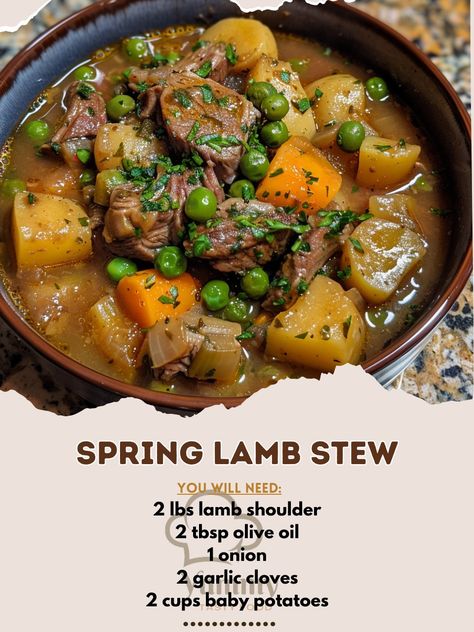 🥣�🌿 A hearty stew filled with spring lamb and veggies! #SpringLambStew #CozyBowls 🍽️ Spring Lamb Stew 🛒 Ingredients: 2 lbs lamb shoulder, cubed 2 tbsp olive oil 1 onion, diced 2 garlic cloves, minced 2 cups baby potatoes, halved 2 cups carrots, sliced 1 cup peas 1 cup green beans 6 cups lamb broth 1 cup white wine 2 tsp thyme Salt & pepper to taste Parsley for garnish 👩‍🍳 Instructions: Brown Lamb: In a pot, heat olive oil. Brown lamb cubes, then set aside. Sauté Veggies: In the same pot, s... Lamb Broth, Sauté Veggies, Green Bean Stew, Greek Lamb, Thyme Salt, Hearty Stew, Spring Lambs, Lamb Shoulder, Lamb Stew