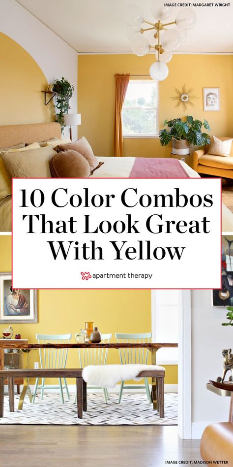 Yellow may seem like an intimidating color choice, but this cheery tone is really versatile. As a member of the warm color family, it packs a punch when paired with a variety of hues, from bright orange to cooler, complementary purple. Here are ten no-fail color combos for decorating with yellow.  #yellow #yellowdecor #colorpalette #yellowcolorpalette #colorcombos #thingsthatgowithyellow Tone Down Yellow Walls, Red And Yellow Wall Paint Colors, Yellow Floor Living Room, Kitchens With Yellow Walls, Bathroom Yellow Walls, Bright Kitchen Wall Colors, Decorating With Yellow Accents, White Kitchen Coloured Walls, Pale Yellow Walls Living Room