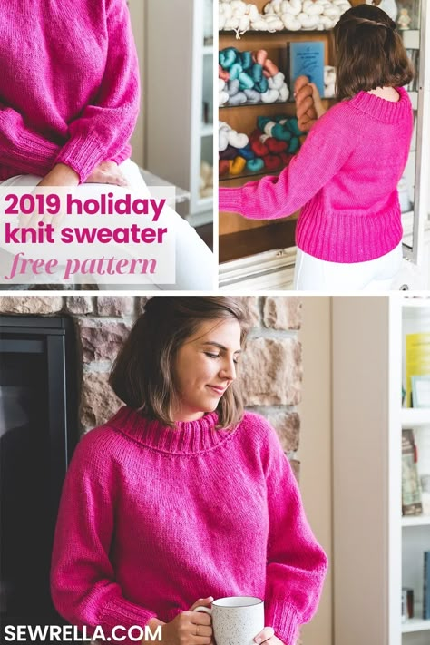 The 2019 Holiday Knit Sweater is a top down yoke style sweater with optional turtleneck, prominent ribbing, bell sleeves and a flattering fit in 10 size options! #freeknittingpattern #holidayknitsweater Knitting Clothes Patterns, Ladies Cardigan Knitting Patterns, Summer Knitting Patterns, Holiday Knits, Knitting Clothes, Baby Blanket Knitting Pattern, Knitted Wit, Beginner Crochet, How To Knit