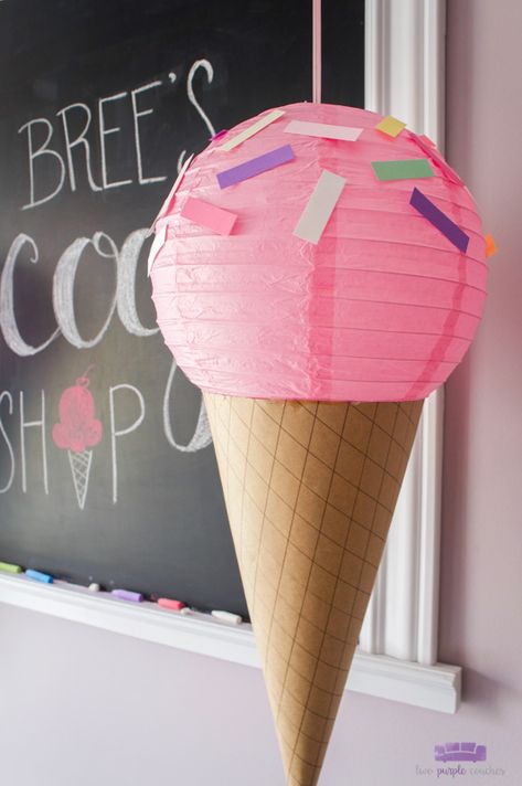 DIY Paper Lantern Ice Cream Cones / Learn how to make these cute and simple DIY paper lantern decorations for your next ice cream shower or ice cream sundae party! #icecreambabyshower #diyparty #diypartyideas #paperlanterndecor #paperlanterndecorations #sprinkles #icecreamparty #babyshower How To Make Ice Cream Cones Out Of Paper, Ice Cream Cone Decor, Large Ice Cream Cone Decoration, Ice Cream Decorations Ideas, Ice Cream Cone Decorations, Ice Cream Pinata, Ice Cream Prop, Ice Cream Birthday Party Theme, Sundae Party