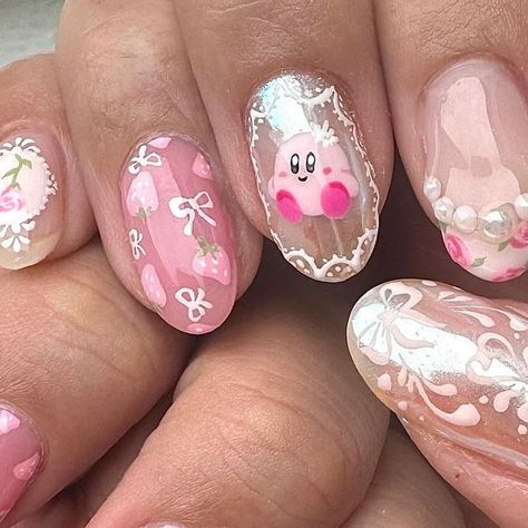 Noelle Fuyu Nails on Instagram: "Coquette Kirby 🎀

Pinky lace design inspo from @dreamylittlenails 🎀

From @sweetienailsupply (promo code FUYU10)
-Sheer pink gel— By Muse, Be My Muse BS.20

@kokoistusa (promo code FUYU10) 
-Markers line white (my favorite liner gel!) 
-darker pink of the rose design: Tulip Petal
-Ultra Glossy non wipe Top Coat

@icegel_global 
Chrome— Sunset Glow Powder Pink Platinum" Bubble Design Nails, Tulips Nails Design, Lace Nails Designs, Nails With Drawings, Kirby Nail Art, Pink Rose Nails, Drawing On Nails, Kirby Nails, Tulip Nail Art