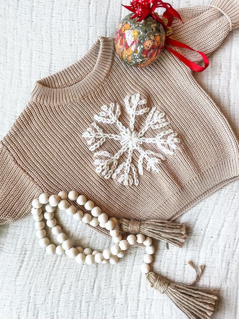 Snowflake Crochet Sweater, Embroidered Baby Name Sweater, Baby Name Embroidery Sweater, Homemade Knit Sweater, Hand Embroidery Christmas Sweatshirt, Knit Sweater Embroidery, Embroidery Christmas Sweater, Diy Sweater Embroidery, Christmas Embroidery Sweater