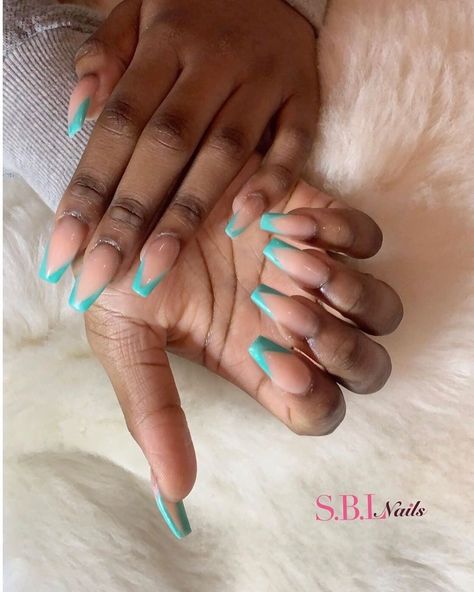 Turquoise French Tip Nails, V Cut French Tip Nails, Hoco Jewelry, Colored French Tips, Nail Pics, Spring Break Nails, Turquoise Nails, Broken Nails, French Tip Acrylic Nails