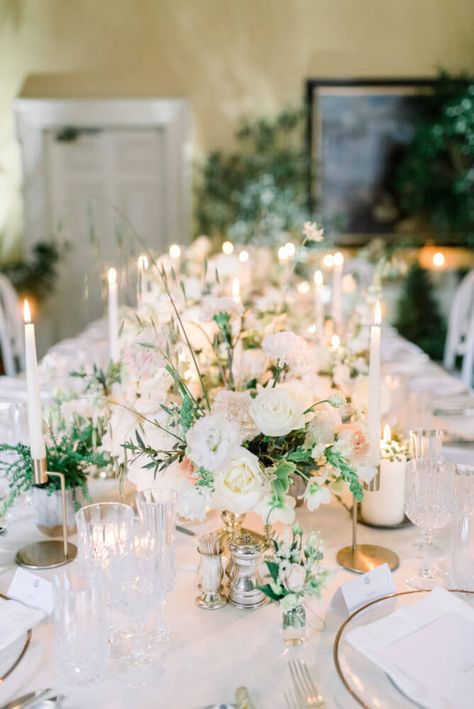 Stylist's Corner | Wedding Inspiration: Bridgerton Garden Themed Intimate Wedding - Waterlily Weddings Bridgerton Garden, Wedding Table Styling, Ivory Gold Wedding, Tall Floral Arrangements, Urn Arrangements, Prince Wedding, Elegant Wedding Centerpiece, Romantic Wedding Receptions, Elegant Wedding Reception