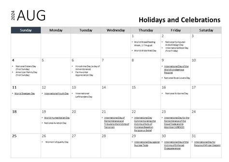 August holidays and observances  celebrated in the US and across the world presented in a calendar format. Plot Activities, National Aviation Day, National Sisters Day, August Holidays, Summer Calendar, Miniature Calendar, Daily Planner Hourly, August Calendar, Editable Calendar