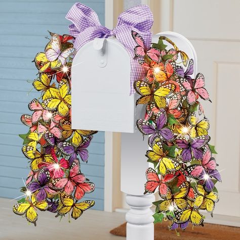 Solar Powered 3-Foot Butterflies Mailbox Swag with Bow | Collections Etc. Outdoor Statues Sculpture, Mailbox Swag, Lights At Night, Purple Gingham, Solar Powered Lights, Collections Etc, Yellow And Purple, Garden Accents, Baby Organization