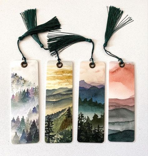 Print Bookmarks, Handmade Bookmarks Diy, Artist Trading Card, Handmade Bookmarks, Creative Bookmarks, Watercolor Books, Watercolor Bookmarks, Watercolor Mountains, Book Art Diy