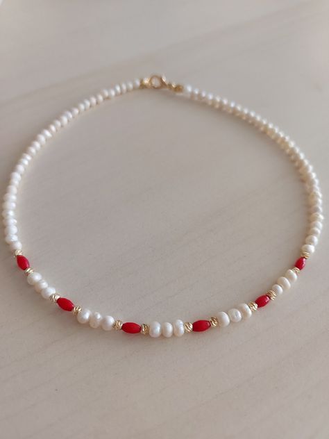 Freshwater Pearl and red coral necklace, Red coral necklace, dorika bead necklace, Summer jewelry, Beach accessories, Bridesmaid gift Coral Pearl Necklace, Red Bead Necklace Ideas, Valentine Beaded Jewelry, Beach Pearl Necklace, Gold And Red Necklace, Beaded Necklace Red, Red Necklace Beads, Valentines Beaded Jewelry, Red Beaded Jewelry