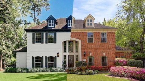 Lessons From Listings Photos: A '90s Home Gets a Major Glow-Up | realtor.com® Limewash Colonial House, Brick Colonial Before And After, Brick Exterior Makeover Before After, 90s Exterior Before And After, Update 2000s Home Exterior, 90s House Remodel Exterior, Update 90s House Exterior, Updating 90s House Exterior, Painted Colonial Brick House