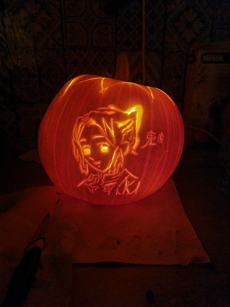 We carved Shinobu Kocho on a pumpkin! Gojo Pumpkin Carving, Demon Slayer Pumpkin, Demon Slayer Pumpkin Carving, Anime Pumpkin Carving, Demon Slayer Shinobu Kocho, Halloween Core, Demon Slayer Shinobu, Funny Pumpkin Carvings, Pumpkin Idea