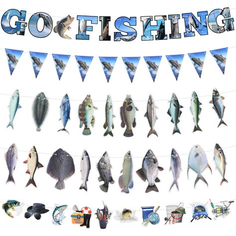 PRICES MAY VARY. What You Receive: package includes 5 pieces of fishing birthday party supplies in different styles, including 1 piece of go fishing banner, 2 pieces of different fish banners, 1 piece of fish pennant banner and 1 piece of fish element banner, each banner contains 10 small flags, sufficient quantity and multiple styles for you to use and decorate parties Proper Size: each fish birthday banner measures approx. 9.84 feet/ 3 meters in total long length, noticeable size for various a Fish Party Decorations, Fishing Birthday Decorations, Gone Fishing Party, Fishing Party Decorations, Fish Banner, Summer Supplies, Fishing Theme Birthday, Fishing Themed Birthday Party, Fish Party