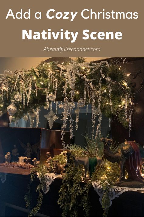 How To Display Nativity Scene Christmas Decor, How To Decorate Nativity Scene, How To Display A Nativity Scene, Nativity Christmas Decorations, Indoor Nativity Scene Ideas, Nativity Set Display Ideas Table, Navity Scene Display, How To Display Nativity Sets, Diy Christmas Garland Mantle