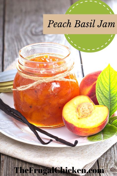 Peach Basil Jam Recipe - The Frugal Chicken Sugar Free Peach Jam Recipe, Sugar Free Freezer Jam, Basil Jam Recipe, Basil Jam, Peach Jam Recipe, Jam Recipes Homemade, Canning Jam, Freezer Jam, Peach Jam