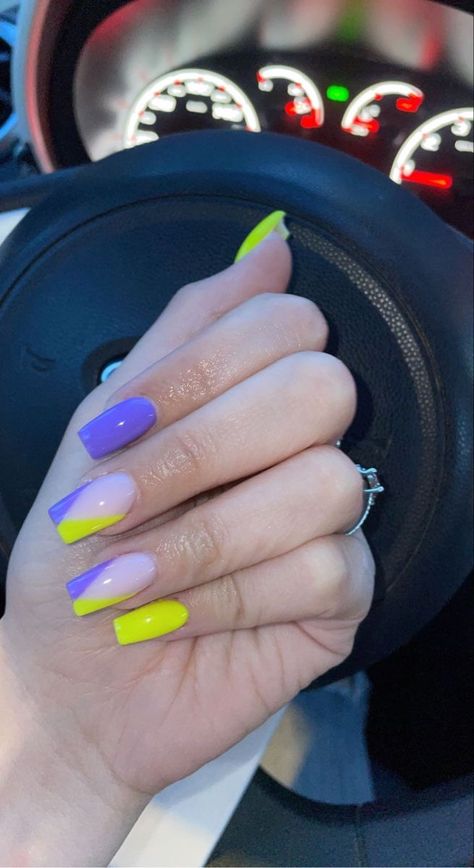 Neon And Purple Nails, Purple And Yellow French Tip Nails, Purple Yellow Ombre Nails, Neon Yellow Acrylic Nails Short, Light Purple And Yellow Nails, Purple And Yellow Nail Art, Neon Purple Nails Summer, Purple And Yellow Nails Acrylic, Neon Yellow And Purple Nails