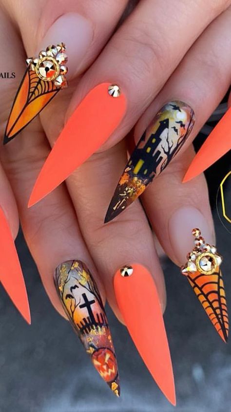 # Halloween Nails Stilleto Halloween Nails Designs, Hollween Theme Nails, Summer Halloween Nails, Spooky Nails Acrylic Coffin, Spooky Halloween Nails 2022, Spooky Halloween Nails Acrylic, Halloween Stilleto Nails, Halloween Nails Stiletto, Baddie Halloween Nails