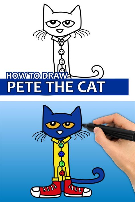 Pete The Cat Painting, How To Draw Pete The Cat, Pete The Cat Art Project, Pete The Cat Classroom Door, Pete The Cat Directed Drawing, Pete The Cat Drawing, Cat Easy Drawing, Pete The Cat Activities, Library Printables