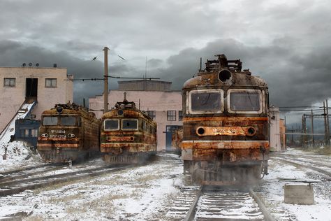 Dismissed and forgotten Fallout Concept Art, Railroad Art, Vintage Motorcycle Posters, Apocalypse Art, Abandoned Train, Apocalypse Survival, Parc D'attraction, Adventure Aesthetic, Old Trains