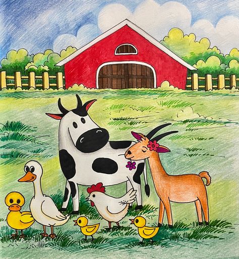 Farm Drawings Easy, Cute Farm Drawing, Farm Drawing Easy, Farm Animal Drawings, Farm Animals Drawing, Farm Sketch, Farm Animals Vector, Farm Drawing, Scenery Drawing For Kids